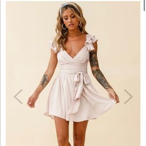 Lola Ruffle Shoulder Ruched Dress Nude